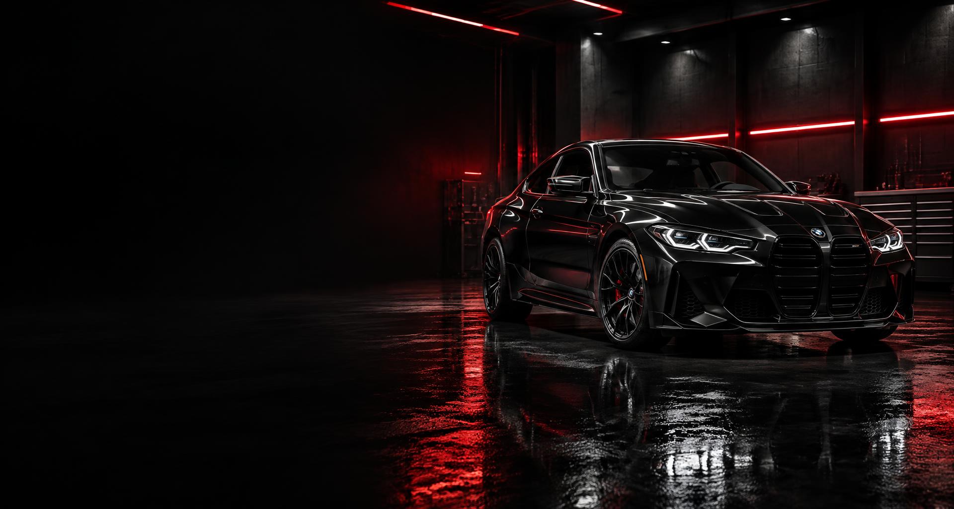 Glancēts melns BMW auto kopšanas studijā sarkanā LED gaismā